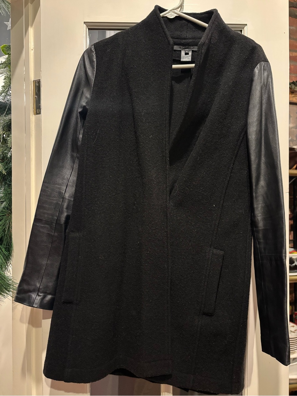 Scoop NYC Black Wool Coat with Leather Sleeves
